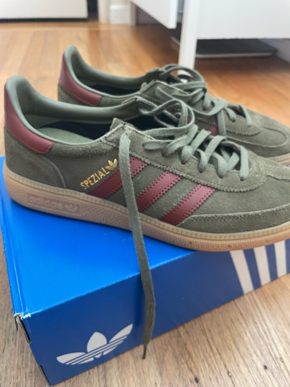 adidas Spezial Olive Suede Sneakers with Burgundy Stripes